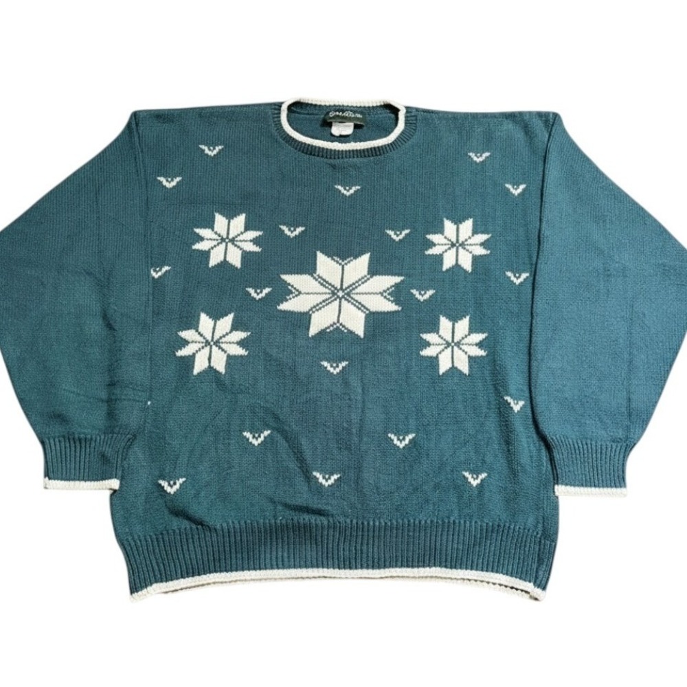 Vintage Savile Row Sweater Men Large Teal Green Snowflake Fair Isle Acrylic 90s